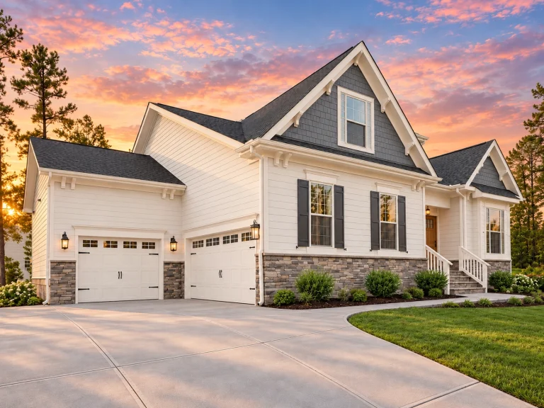 Front elevation of a Craftsman style home with horizontal siding, stone base, gabled rooflines, and welcoming covered front porch