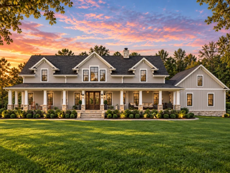 Front elevation of a Southern Farmhouse style home with board and batten siding, wide wraparound porch, symmetrical façade, and classic farmhouse detailing