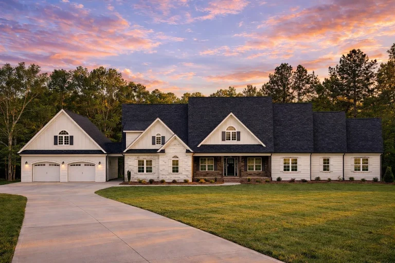 Front elevation of a Traditional brick home with board and batten siding, symmetrical façade, gabled rooflines, and covered front porch