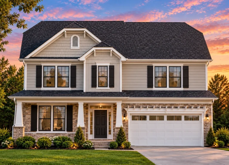 Front elevation of a Traditional Colonial style home featuring beige horizontal lap siding, shingle accents, dark shutters, and a symmetrical façade with double gables.