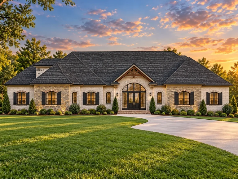 Top Designer-Approved House Plans 4 Front elevation of a Traditional Ranch style home with brick and horizontal siding exterior, symmetrical windows, and arched New American entry