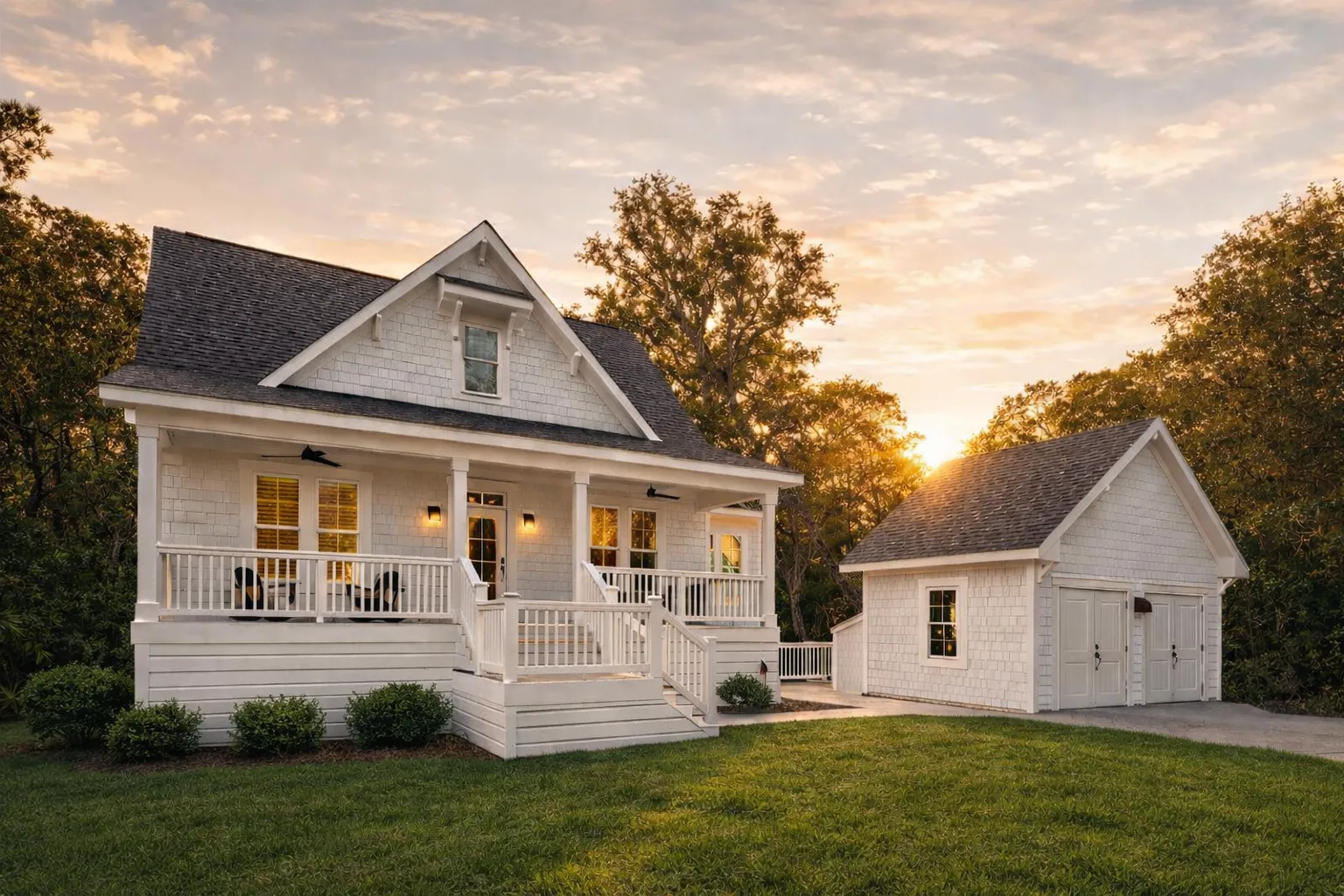 Front exterior of a Coastal Cottage style home featuring raised foundation, horizontal siding, covered front porch, and detached garage