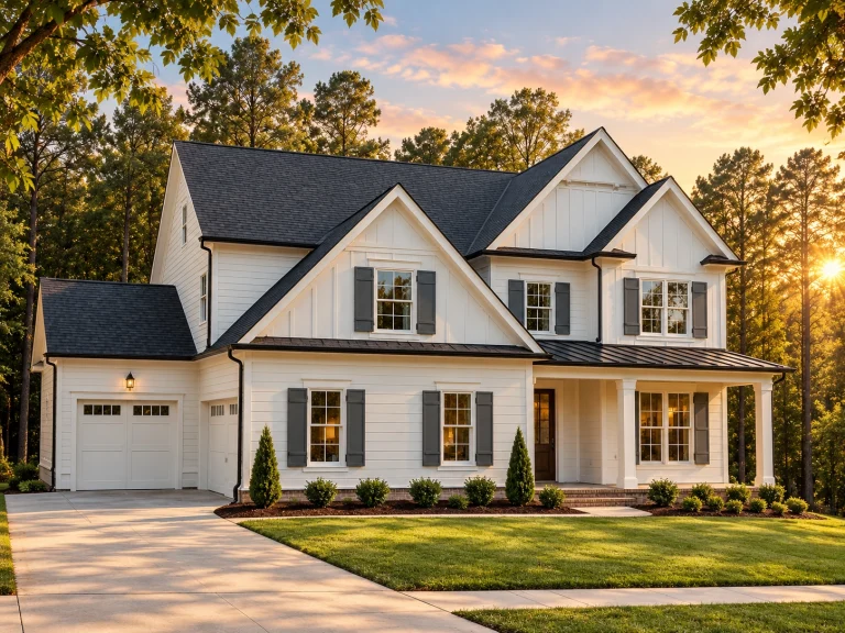 Front elevation of a New American modern traditional home with horizontal siding, board and batten accents, black shutters, and covered front porch