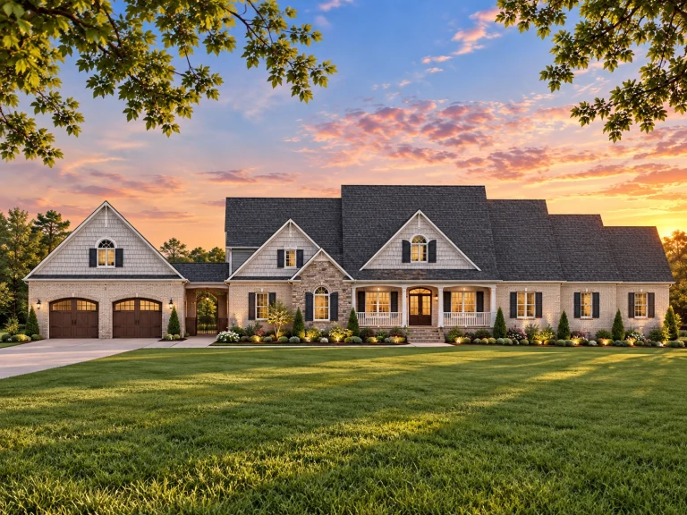 Top Designer-Approved House Plans 20 Front elevation of a Traditional brick home with board and batten siding, symmetrical façade, gabled rooflines, and covered front porch