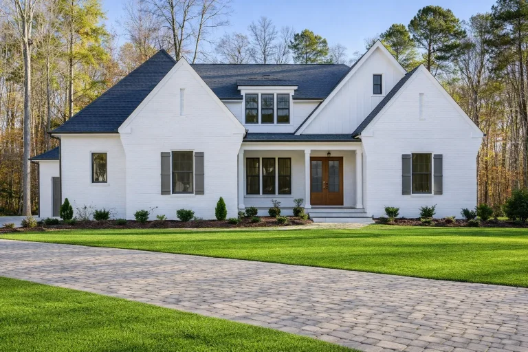 Front elevation of a Modern Farmhouse style home with white painted brick, board and batten siding, steep gables, and covered porch