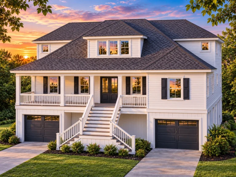 Front elevation of Coastal Traditional home with double stacked porches, symmetrical Colonial windows, and horizontal lap siding