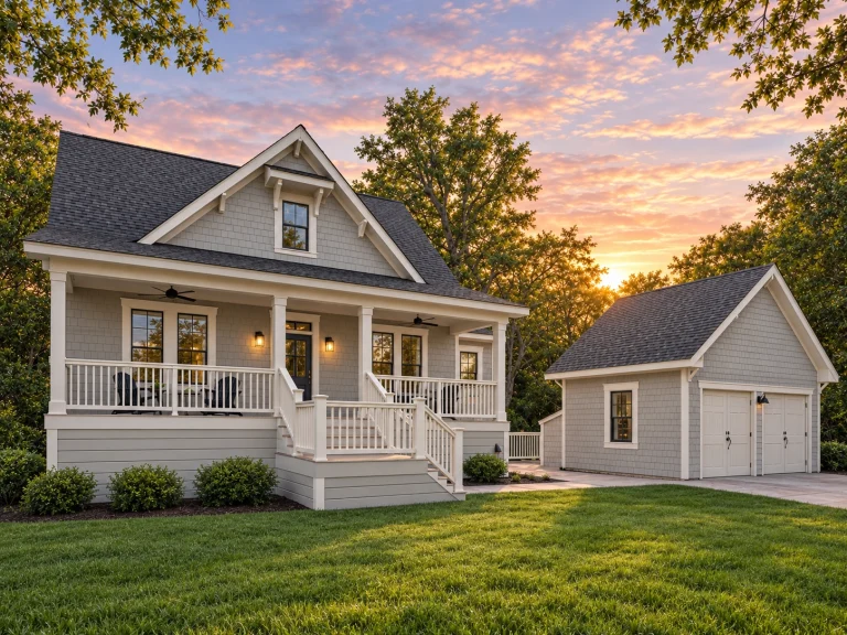 Conventional House Plans 2 Front exterior of a Coastal Cottage style home featuring raised foundation, horizontal siding, covered front porch, and detached garage
