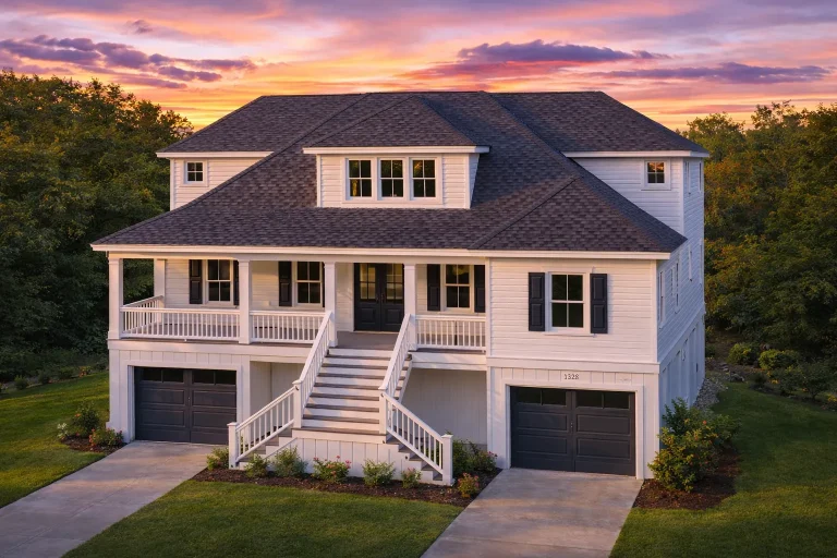 Front elevation of Coastal Traditional home with double stacked porches, symmetrical Colonial windows, and horizontal lap siding