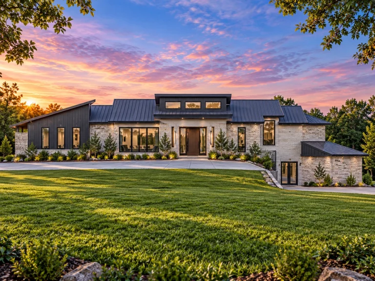 Front elevation of a Transitional Ranch style home featuring brick exterior, board-and-batten siding, low-pitched rooflines, and modern farmhouse detailing