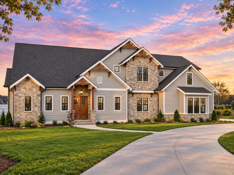 Conventional House Plans 6 Front elevation of a New American Craftsman style house with stone accents, horizontal siding, gabled rooflines, and landscaped front yard