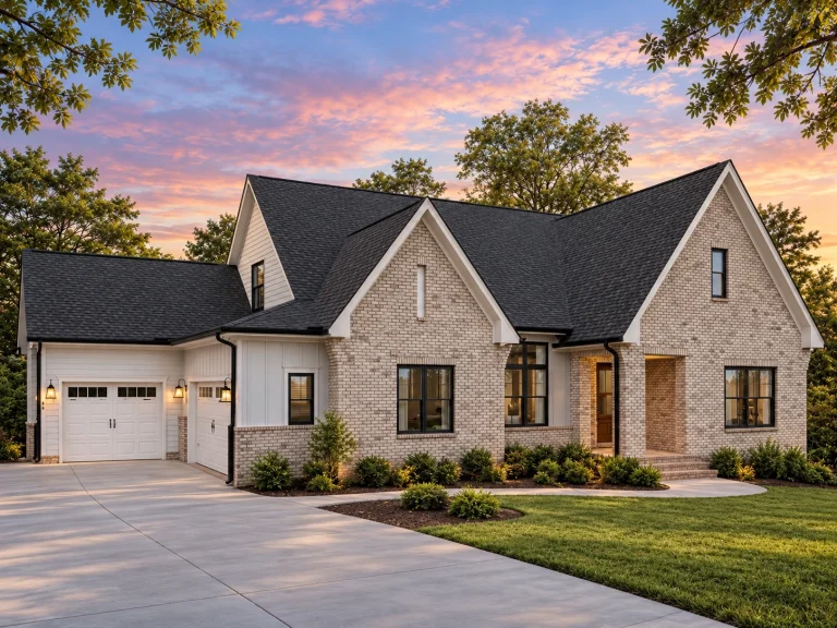 Front elevation of a modern farmhouse style home with board and batten siding, gabled rooflines, dark window trim, and an attached garage