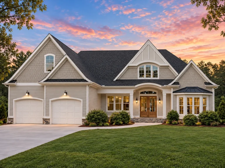 Front elevation of a New American transitional style home with horizontal siding, shingle accents, stone base, and arched entry porch