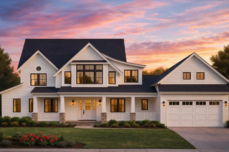 Front elevation of a New American modern traditional house with mixed siding exterior, Craftsman details, covered front porch, and attached garage