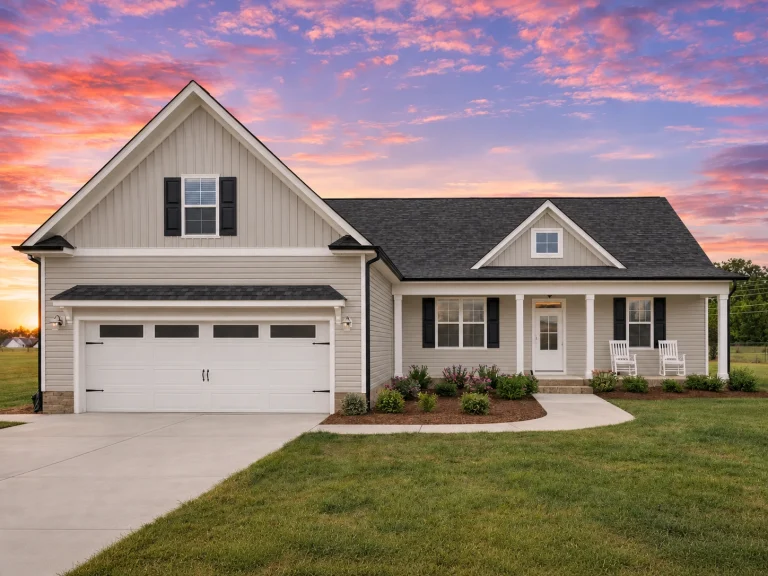 Mid-Size House Plans 7 Front view of a Modern Farmhouse Ranch home featuring board and batten siding, horizontal lap accents, brick foundation, and dark trim with a gable roof design