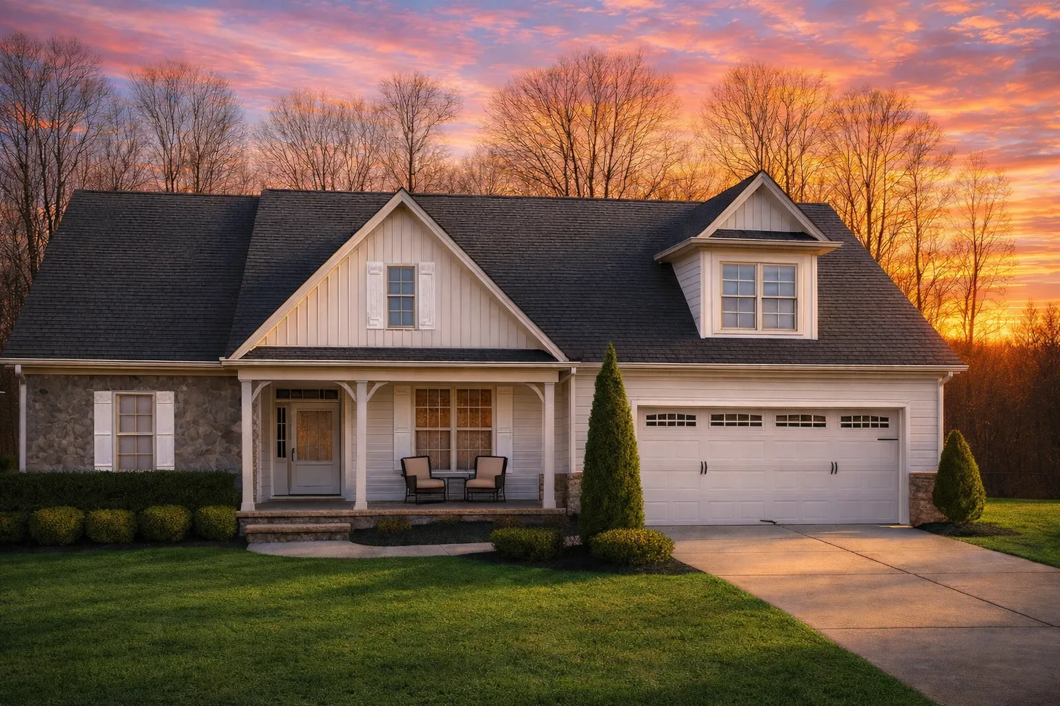 Bungalow House Plans 11 Front elevation of a Traditional Ranch Craftsman style home featuring stone accents, board and batten with horizontal siding, and a welcoming covered porch entry