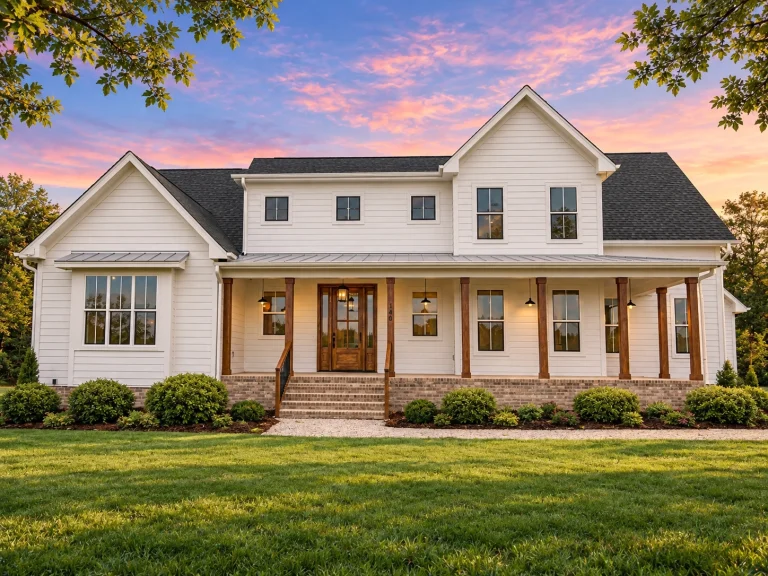 Front elevation of a Modern Farmhouse style home featuring horizontal siding, board and batten accents, gabled rooflines, and a welcoming covered front porch