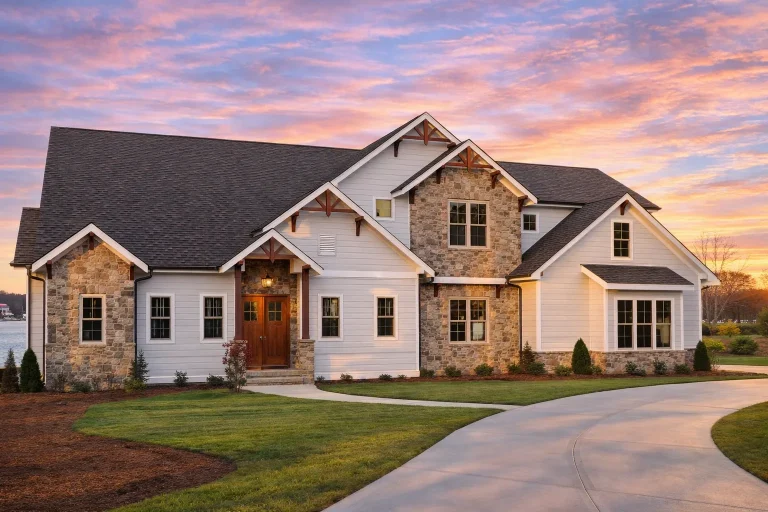 House Plans with Home Office 11 Front elevation of a New American Craftsman style house with stone accents, horizontal siding, gabled rooflines, and landscaped front yard