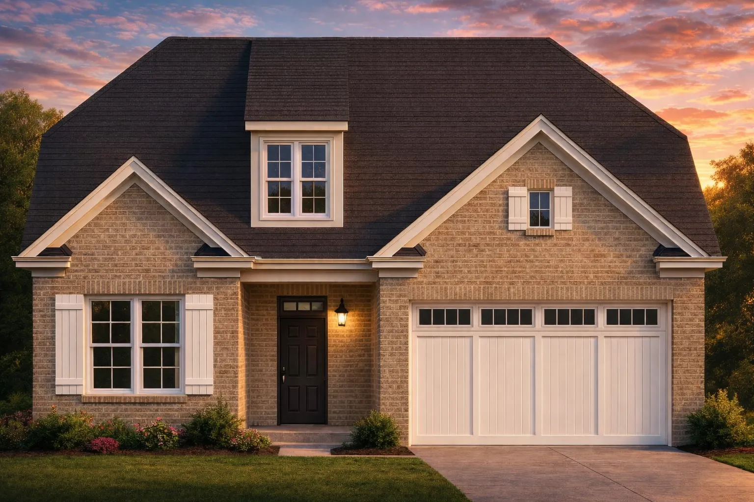 Traditional Farmhouse Plans 21 Front elevation of a Traditional Tudor Revival style home with brick exterior, steep gable rooflines, and symmetrical façade.