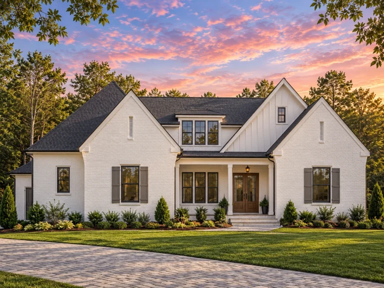 Front elevation of a Modern Farmhouse style home with white painted brick, board and batten siding, steep gables, and covered porch