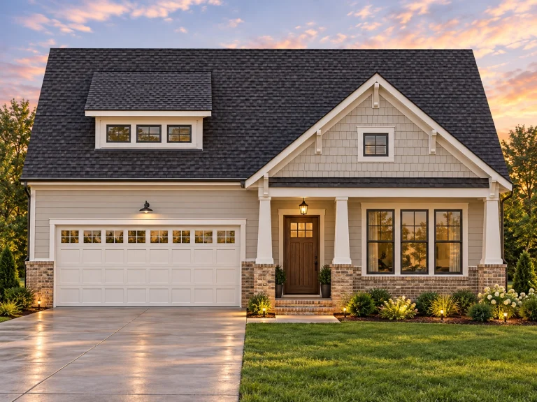 Front elevation of a Traditional Ranch style home featuring horizontal siding, stone accents, gabled rooflines, and a welcoming covered porch