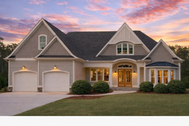 Front elevation of a New American transitional style home with horizontal siding, shingle accents, stone base, and arched entry porch
