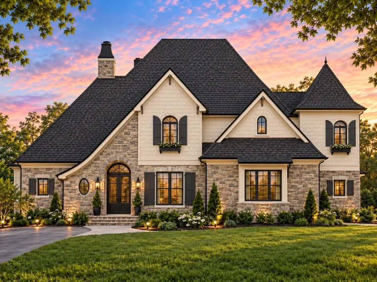 Classical House Plans 2 Front elevation of a New American style house with horizontal siding, stone entry accents, steep gabled rooflines, and balanced traditional windows