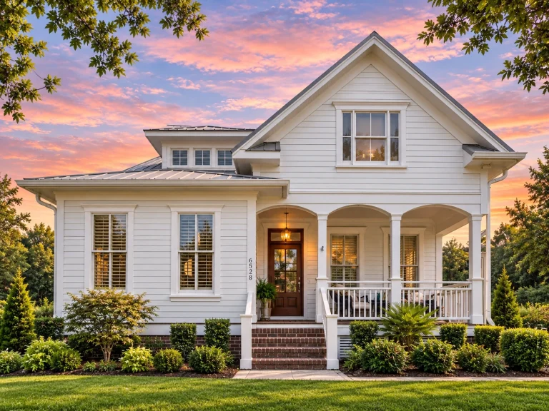 Front elevation of a Cape Cod style home with horizontal siding, covered porch, dormer windows, and brick foundation