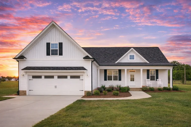 Front view of a Modern Farmhouse Ranch home featuring board and batten siding, horizontal lap accents, brick foundation, and dark trim with a gable roof design