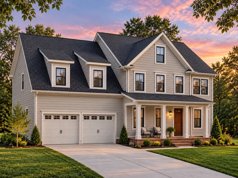 3 Bedroom House Plans 19 Front exterior of New American modern farmhouse style home with white siding, board and batten accents, covered porch, and side-entry garage
