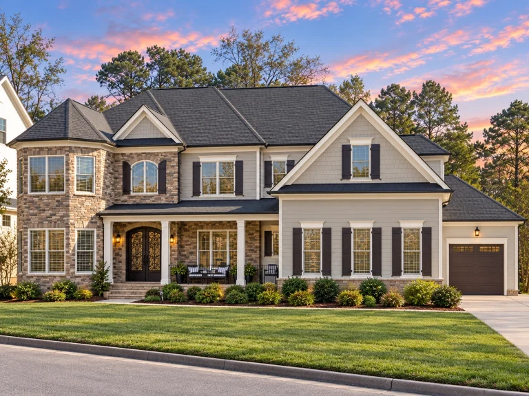 House Plans with Outdoor Kitchen 12 Front elevation of a New American Modern Traditional house featuring lap siding, stone accents, symmetrical windows, and a covered front porch