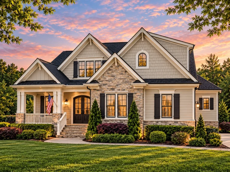 Front elevation of a Traditional Craftsman style home featuring brick exterior, horizontal siding, gabled rooflines, and a welcoming covered front porch
