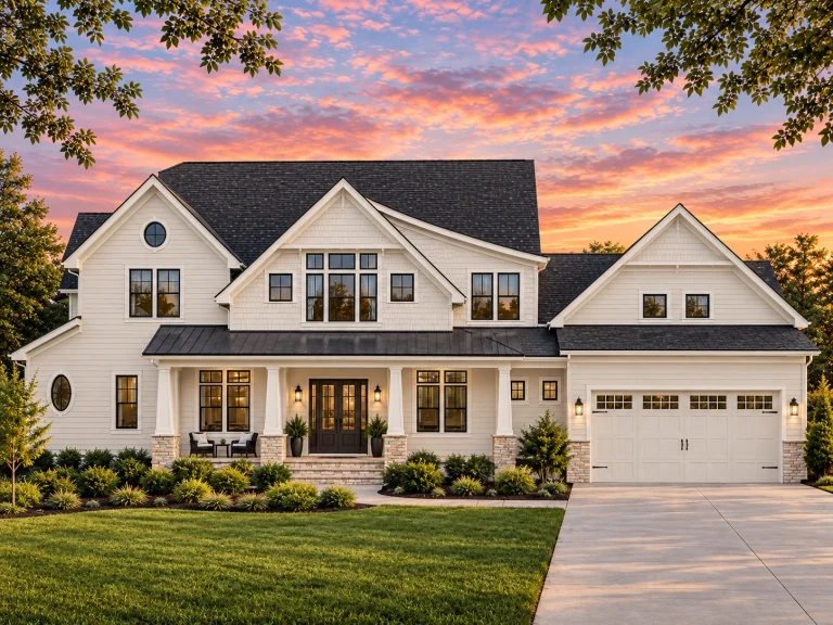 House Plans with Outdoor Kitchen 4 Front elevation of a New American modern traditional house with mixed siding exterior, Craftsman details, covered front porch, and attached garage