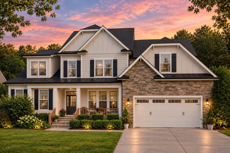 House Plans with Outdoor Kitchen 14 Front elevation of a New American style home with stone veneer, horizontal siding, board and batten accents, and a covered entry porch