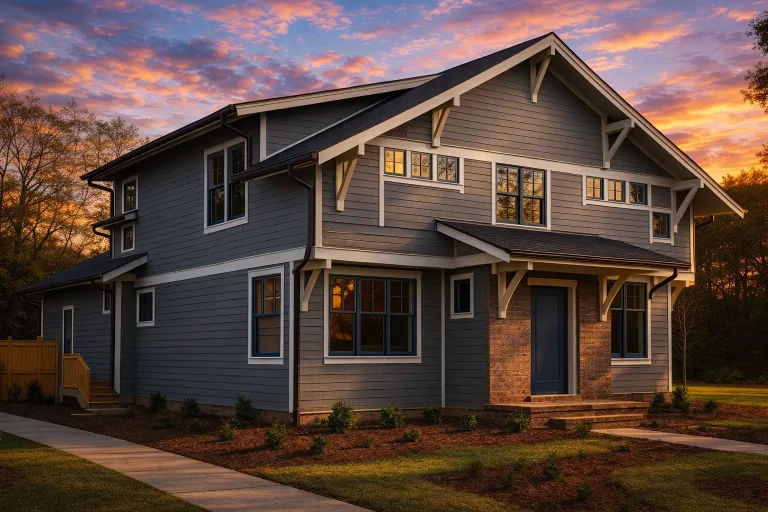 Transitional House Plans 9 Front elevation of a two-story Modern Craftsman house with horizontal siding, stone veneer columns, and covered front porch