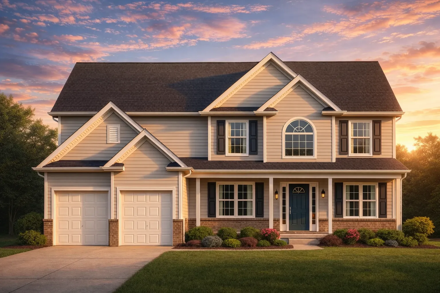 Front elevation of a New American Modern Traditional house with Colonial symmetry, mixed siding exterior, covered front porch, and attached two-car garage