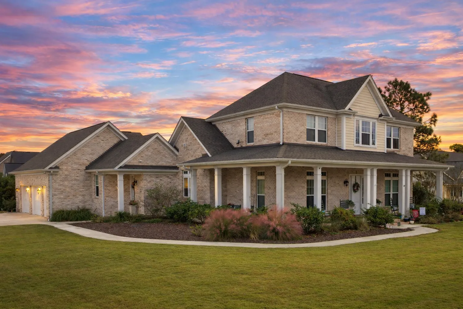 Front elevation of a New American Modern Traditional house with horizontal siding, brick foundation, symmetrical windows, and a wide covered front porch