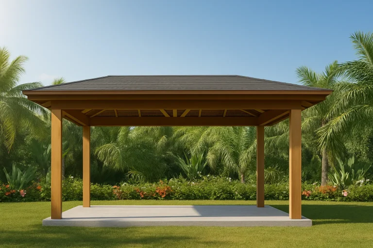 Front elevation of a tropical coastal cabana house plan featuring exposed wood posts, open pavilion structure, and lush landscape setting
