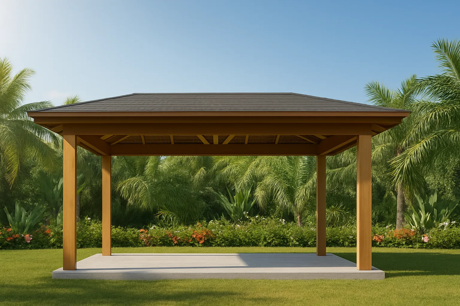 Front elevation of a tropical coastal cabana house plan featuring exposed wood posts, open pavilion structure, and lush landscape setting