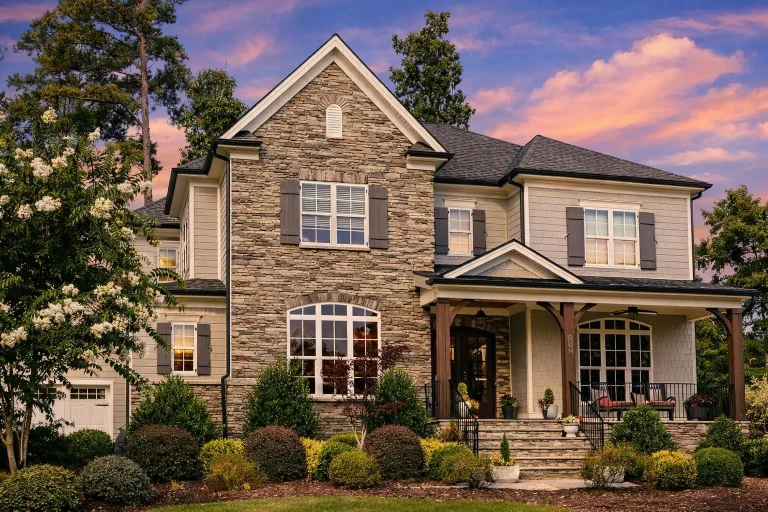 Sloping Lot House Plans 7 Front elevation of Traditional Colonial style home with stone veneer facade, horizontal lap siding, shutters, and covered front porch