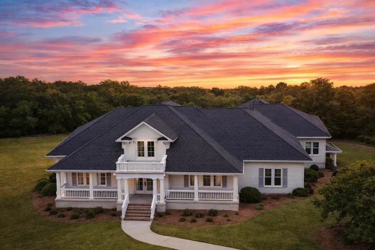 Front exterior of Southern Traditional brick home with white columns, wraparound porch, dormer windows, and hipped roof at sunset