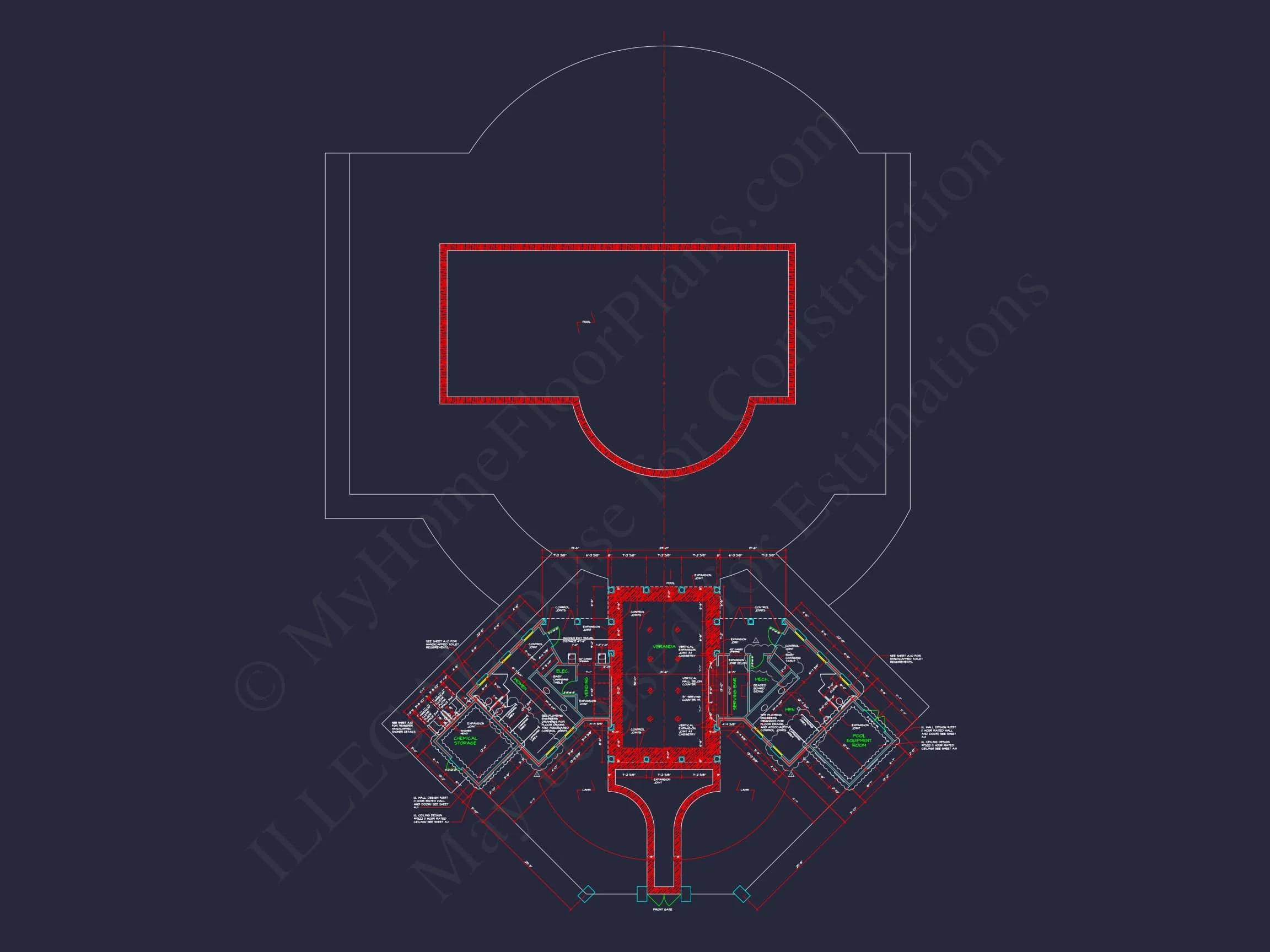 Clubhouse Floor Plan with Pool Pavilion and Craftsman Architectural Style