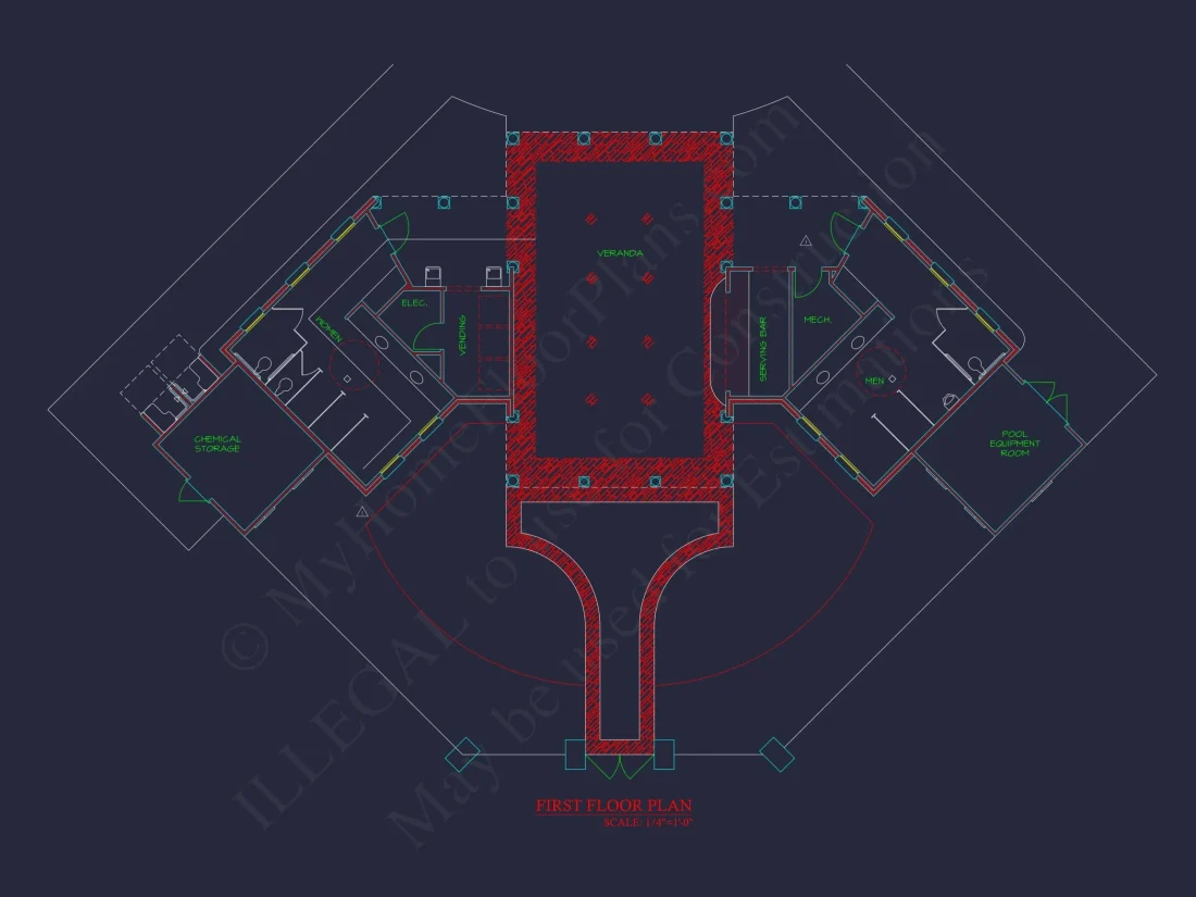 Clubhouse Floor Plan with Pool Pavilion and Craftsman Architectural Style