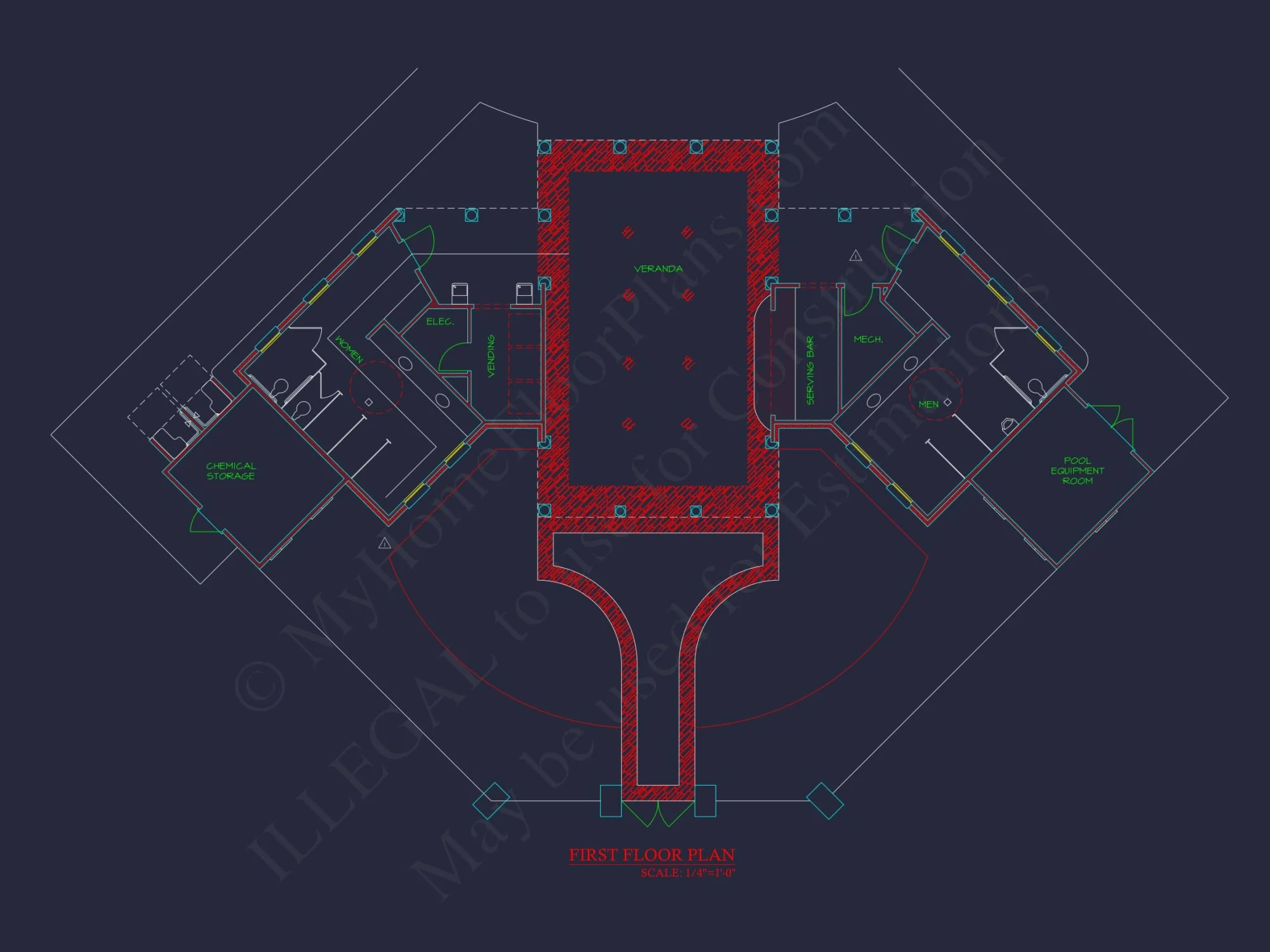 Clubhouse Floor Plan with Pool Pavilion and Craftsman Architectural Style