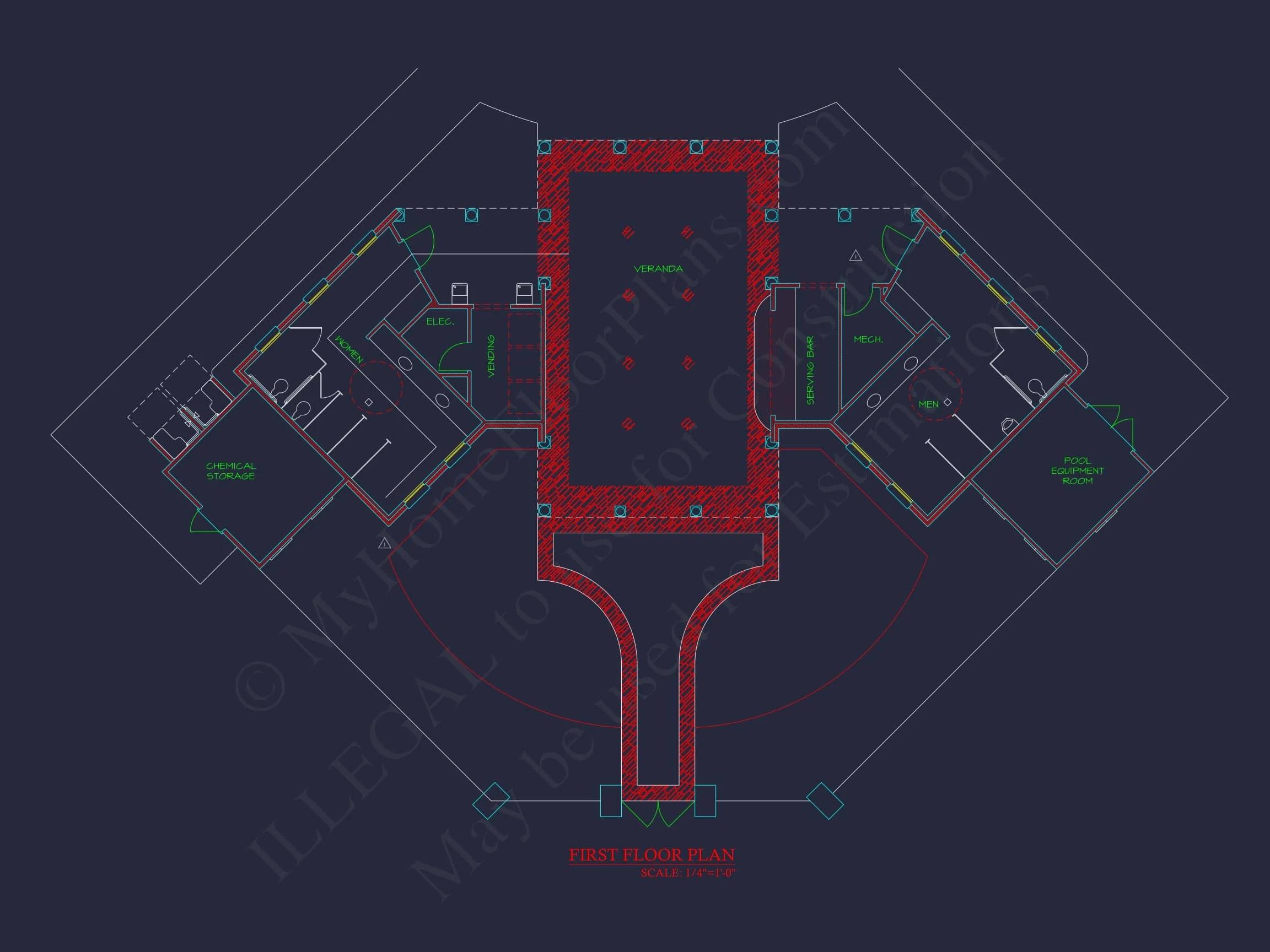 Clubhouse Floor Plan with Pool Pavilion and Craftsman Architectural Style