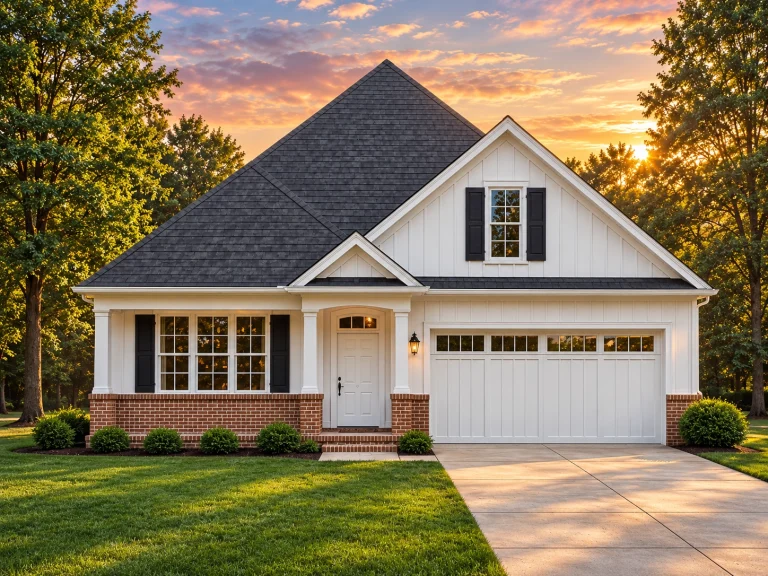 Front elevation of a modern farmhouse style home with board and batten siding, brick foundation, gabled roof, and attached two car garage