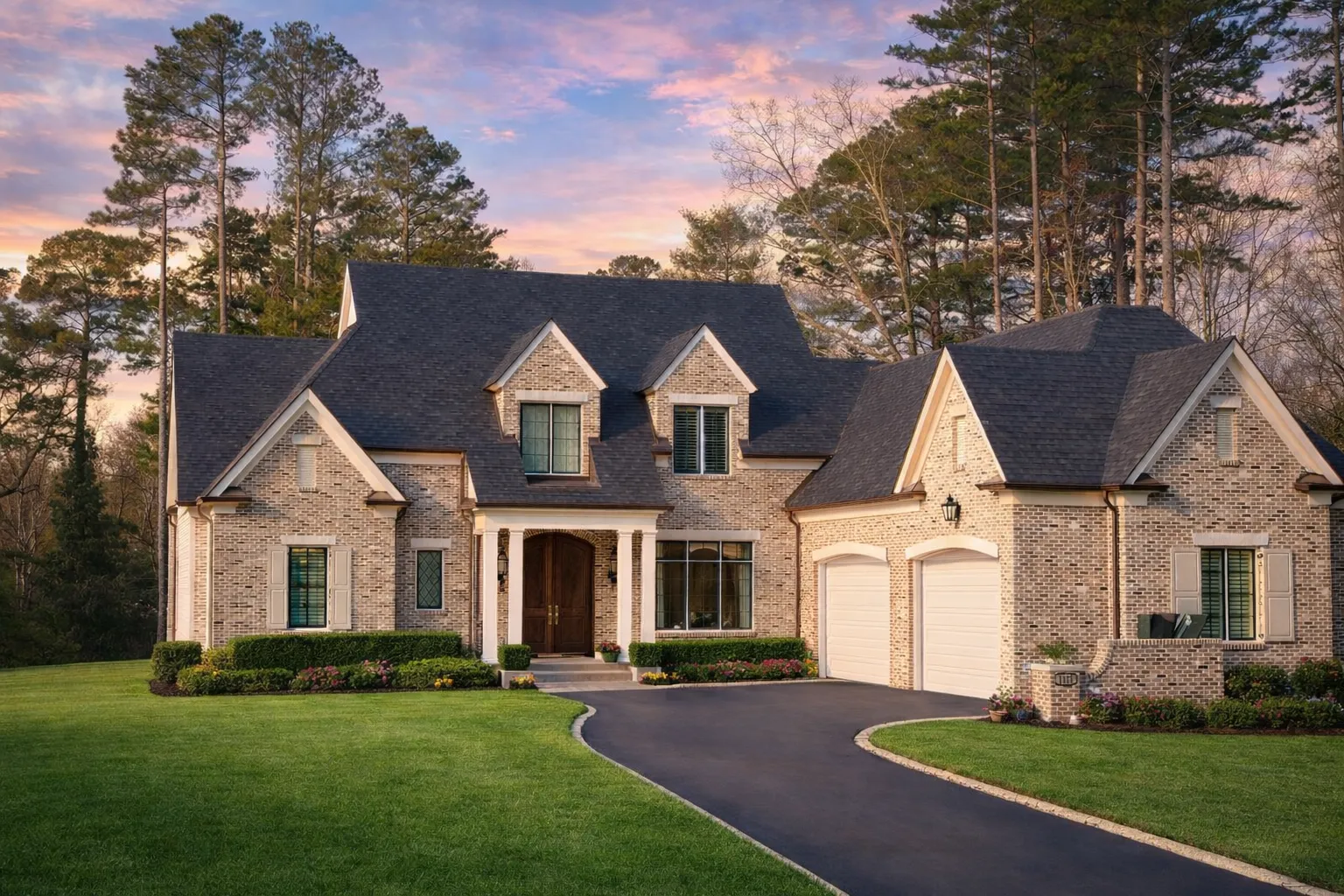 Front elevation of a traditional brick home with Neo-Colonial symmetry, arched entry, and classical columns