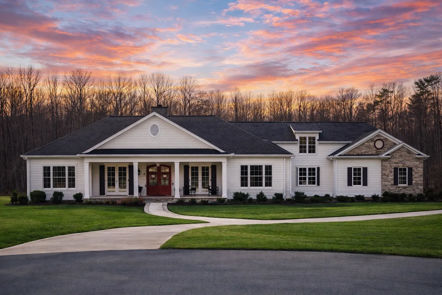 House Plans with Bonus Room 7 Front exterior view of a Traditional Ranch style home with horizontal siding, stone accents, gabled rooflines, and a welcoming covered porch