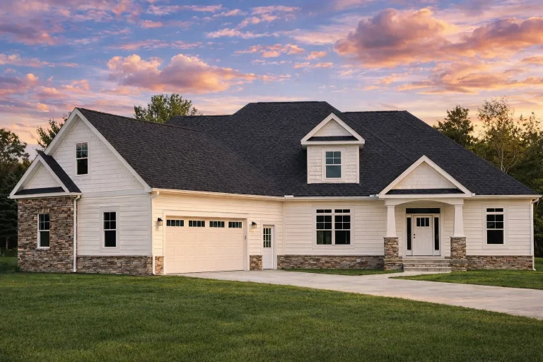 Front view of a Traditional Ranch Craftsman style home featuring a combination of stone accents, horizontal siding, and board and batten details with a welcoming covered entry.