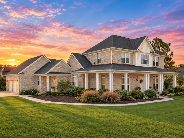 Front elevation of a New American Modern Traditional house with horizontal siding, brick foundation, symmetrical windows, and a wide covered front porch