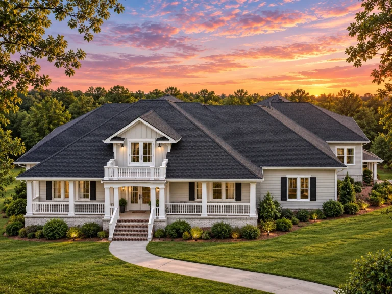 Rustic Farmhouse House Plans 3 Front exterior of Southern Traditional brick home with white columns, wraparound porch, dormer windows, and hipped roof at sunset